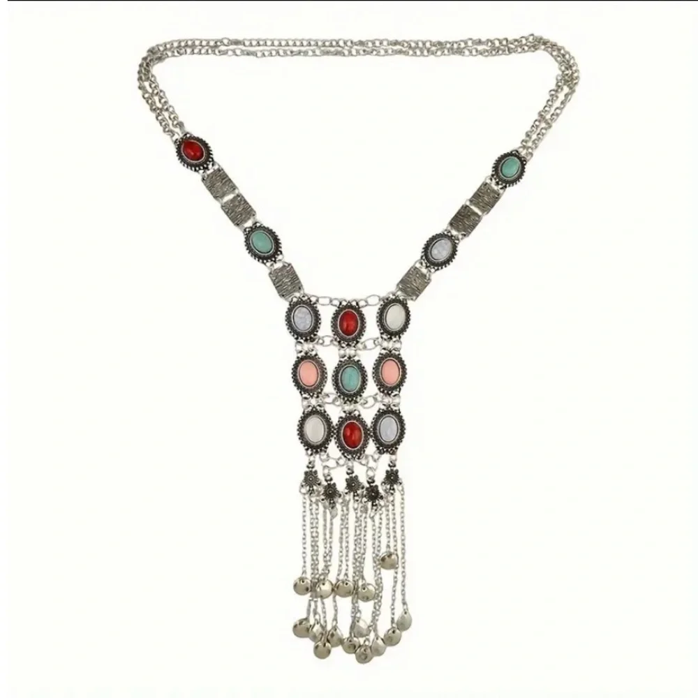 Silver Stone Chain Necklace Boho Tribal Hippie